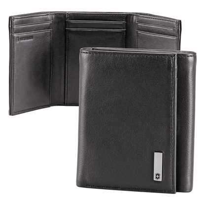 Cartera Athens Negra de Piel con Compartimento de Micromalla para ID. Doblable en 3 Partes con Divisor de Billetes. Pocket Wallet