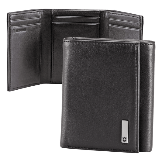 Cartera Athens Negra de Piel con Compartimento de Micromalla para ID. Doblable en 3 Partes con Divisor de Billetes. Pocket Wallet