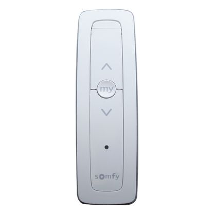 Control remoto 1 canal para motores de persiana Somfy con señal inalámbrica, instrucciones: sube, baja y detener, con posición favorita programada.