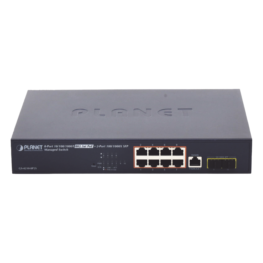 Switch Administrable Capa 2, 8 Puertos PoE 802.3af/at Gigabit, 140 W Max, 2 Puertos SFP, Modo Extendido Hasta 250 m, Soporta Administración en Nube