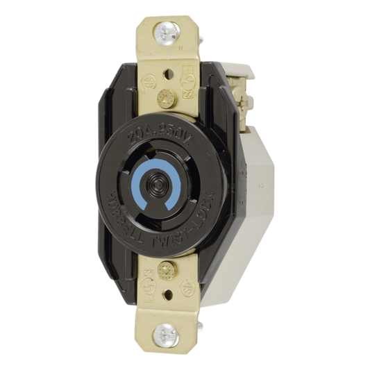 Receptáculo de Media Vuelta Industrial para Empotrar/ 20A 250V/ 2 Polos 3 Hilos/ NEMA L6-20R / Color Negro.