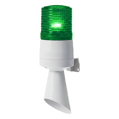 Luz LED con patrones de destello fijo y destellante con buzzer incorporado de alto volumen Máx. 95 dB color Verde 110 VCA