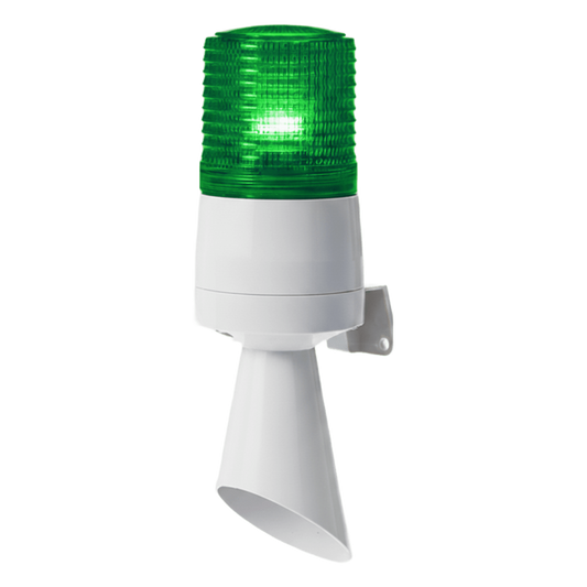 Luz LED con patrones de destello fijo y destellante con buzzer incorporado de alto volumen Máx. 95 dB color Verde 110 VCA