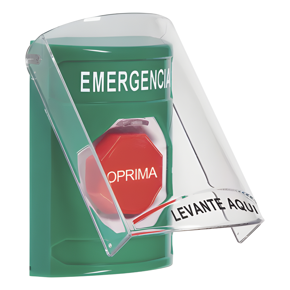 ​​Botón Multipropósito, Color Verde, De Superficie, Con Tapa De Policarbonato, Con Bocina Pre Alarma, Solo Interior, Llave Para Restablecer, Texto De