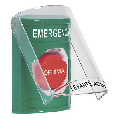 ​​Botón Multipropósito, Color Verde, De Superficie, Con Tapa De Policarbonato, Con Bocina Pre Alarma, Solo Interior, Llave Para Restablecer, Texto De
