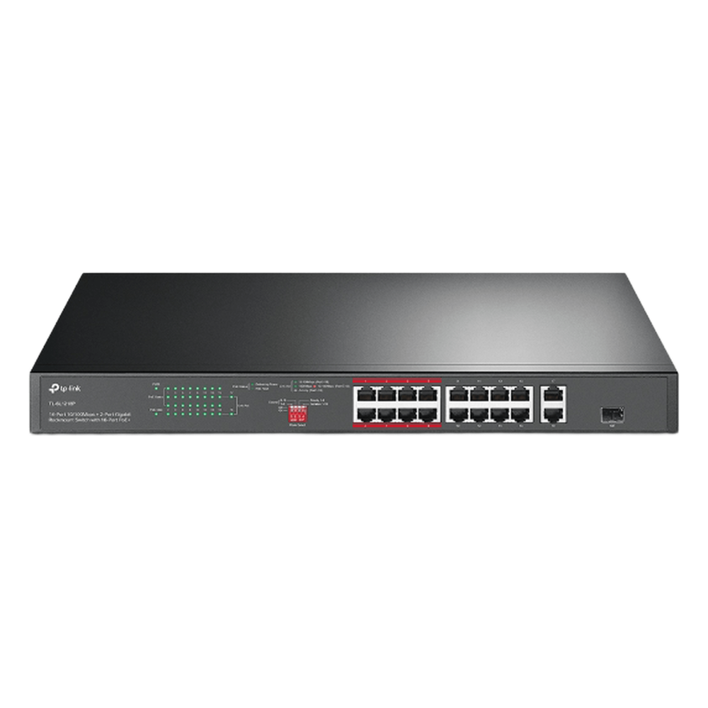 Switch PoE+ no Administrable 16 puertos 10/100 Mbps + 2 puertos 10/100/1000 Mbps + 1 puerto SFP, 8 puertos Extensor PoE (hasta 250 m), 150W, diseño