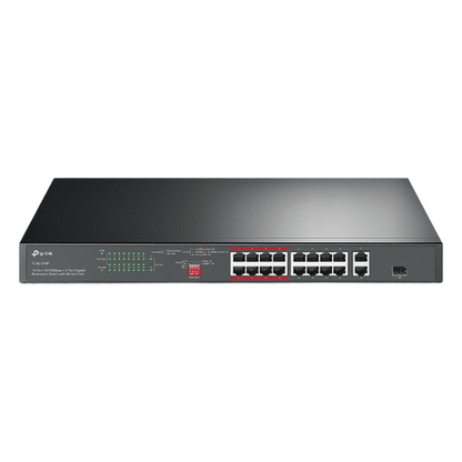 Switch PoE+ no Administrable 16 puertos 10/100 Mbps + 2 puertos 10/100/1000 Mbps + 1 puerto SFP, 8 puertos Extensor PoE (hasta 250 m), 150W, diseño