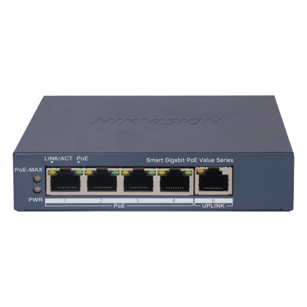 Switch Gigabit PoE+ / Monitoreable / 4 Puertos 1000 Mbps PoE+ / 1 Puerto 1000 Mbps Uplink / Configuración Nube Hik-PartnerPro / Modo Extendido hasta