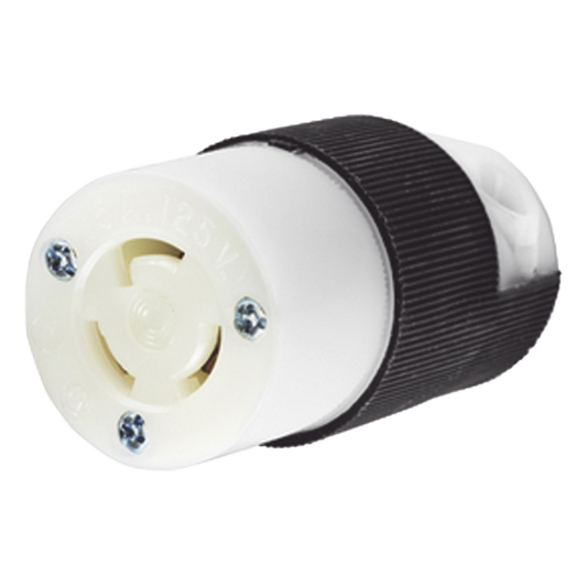 Conector Industrial con Bloqueo de Media Vuelta / 15 A 125 V CA / 2 Polos 3 Hilos / Color Blanco y Negro / Nema L5-15R.
