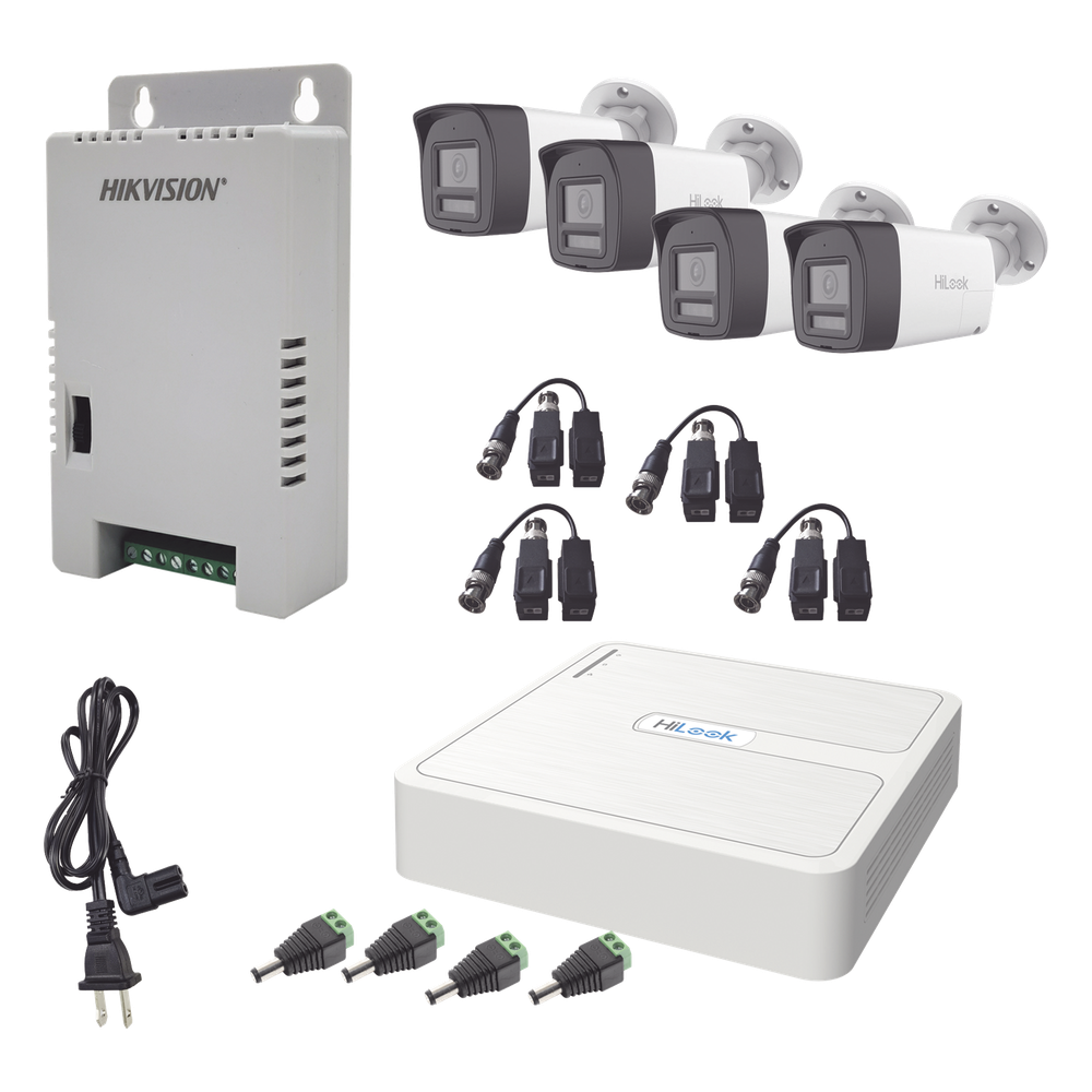 Kit HiLook Audio Bidireccional TurboHD 1080p / DVR Metalico 4 Canales / 4 Cámaras Bala (Exterior) con Bocina y Micrófono Integrado / 1 Fuente de