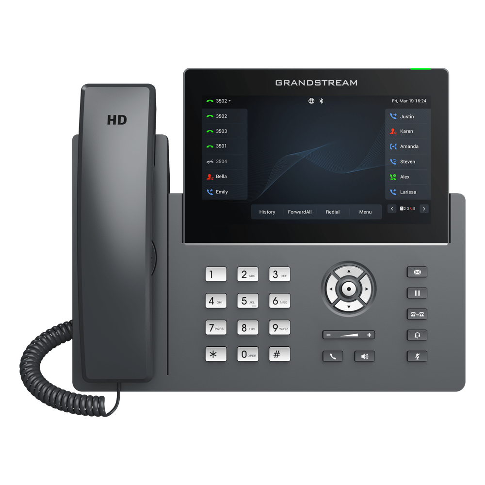 Teléfono IP Wi-Fi, Grado Operador, 12 líneas SIP con 6 cuentas, pantalla táctil 7", puertos Gigabit, Bluetooth, PoE, codec Opus, IPV4/IPV6 con