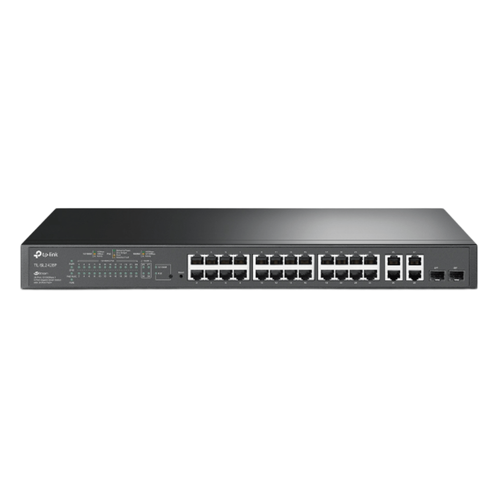 Switch PoE+ JetStream SDN Administrable 24 puertos 10/100 Mbps + 2 puertos 10/100/1000 Mbps (Uplink) + 2 puertos SFP (combo 2 RJ45 10/100/1000 Mbps)