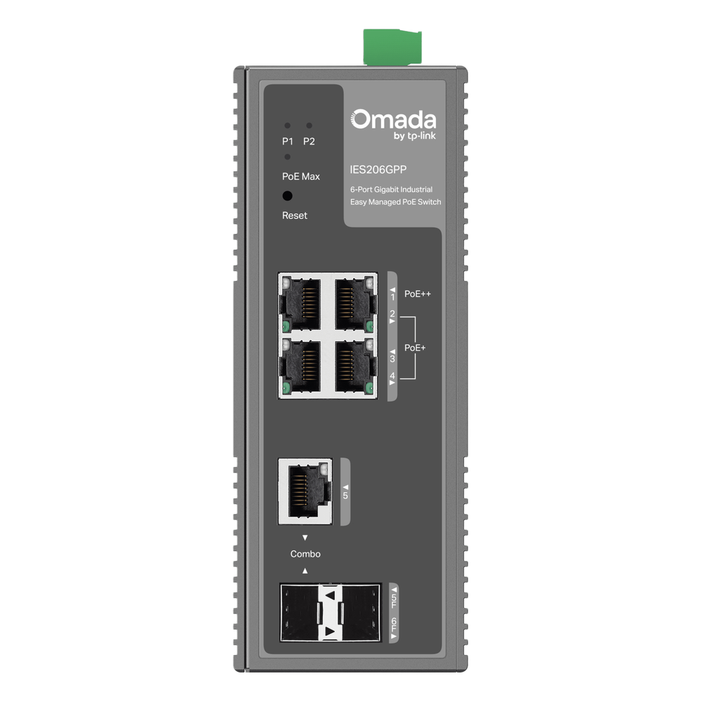Switch Industrial Easy Managed / 6 Puertos Gigabit (4 PoE) / 120W PoE Budget / IP40 / -40°C a 75°C / 6kV Protección Rayos / Cloud Management Omada