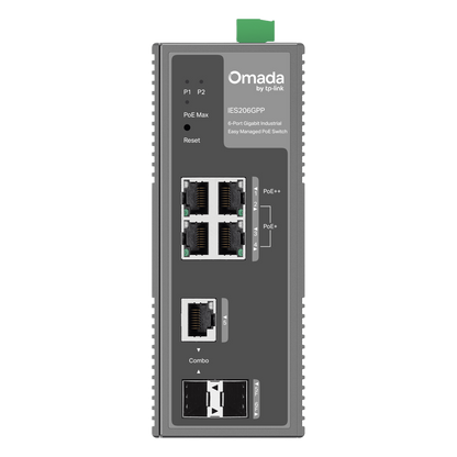 Switch Industrial Easy Managed / 6 Puertos Gigabit (4 PoE) / 120W PoE Budget / IP40 / -40°C a 75°C / 6kV Protección Rayos / Cloud Management Omada