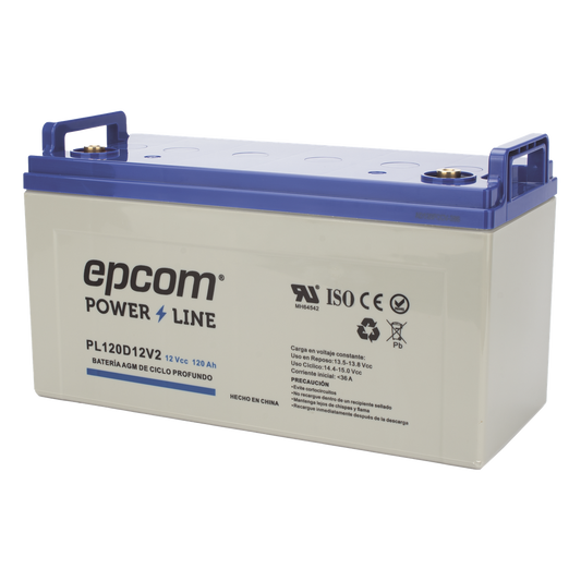 Batería AGM-VRLA Ciclo Profundo / 12 Vcc / 120 Ah / Carcasa UL94-HB / Terminales M8 / Aplicaciones Fotovoltaicas y de Emergencia