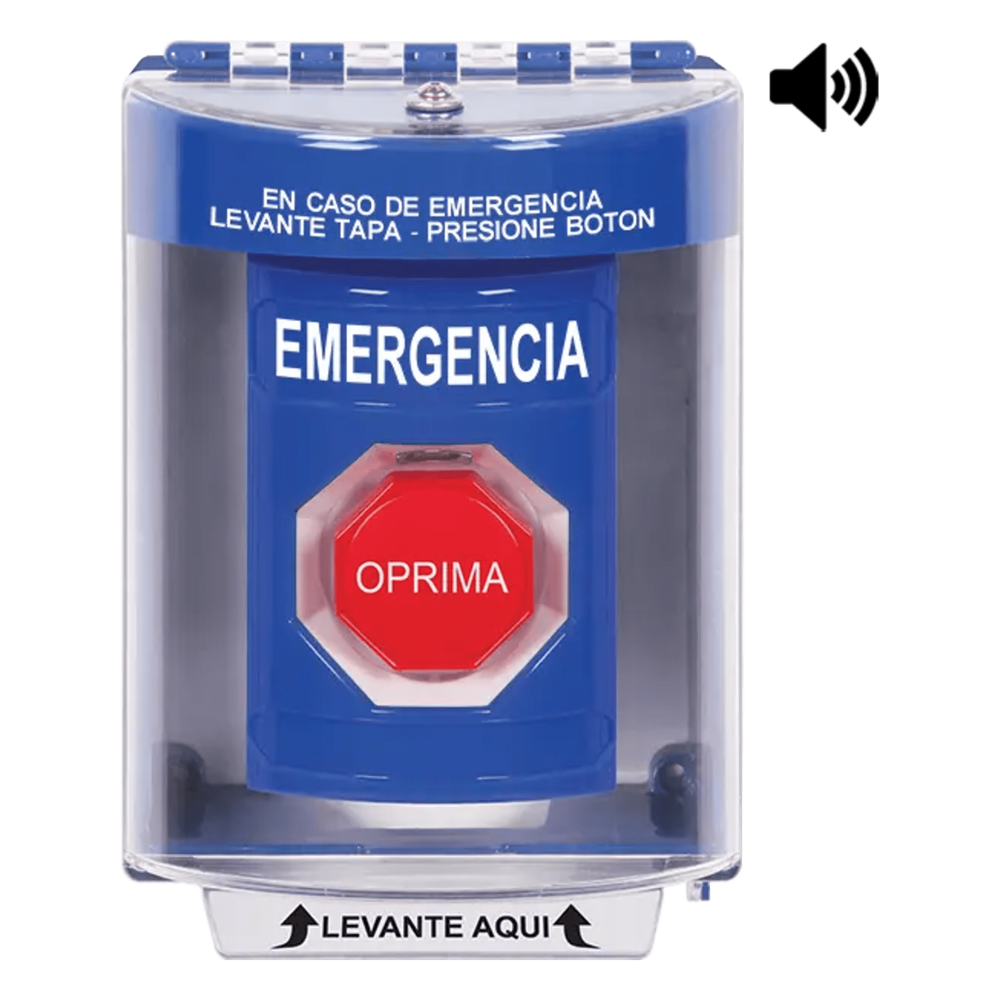 ​Botón Multipropósito, Color Azul, De Superficie con Espaciador, C/Tapa De Policarbonato, C/Bocina Pre Alarma, Interior/Exterior, Llave Para