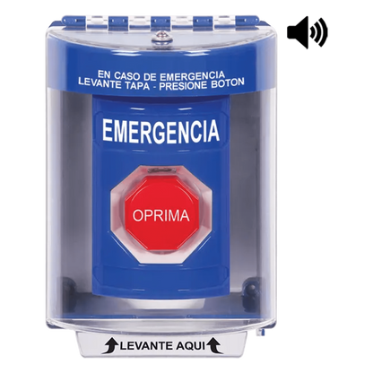 ​Botón Multipropósito, Color Azul, De Superficie con Espaciador, C/Tapa De Policarbonato, C/Bocina Pre Alarma, Interior/Exterior, Llave Para
