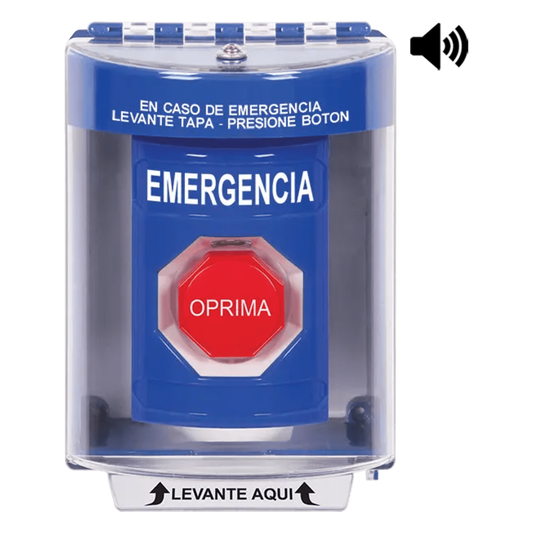 ​Botón Multipropósito, Color Azul, De Superficie con Espaciador, C/Tapa De Policarbonato, C/Bocina Pre Alarma, Interior/Exterior, Llave Para