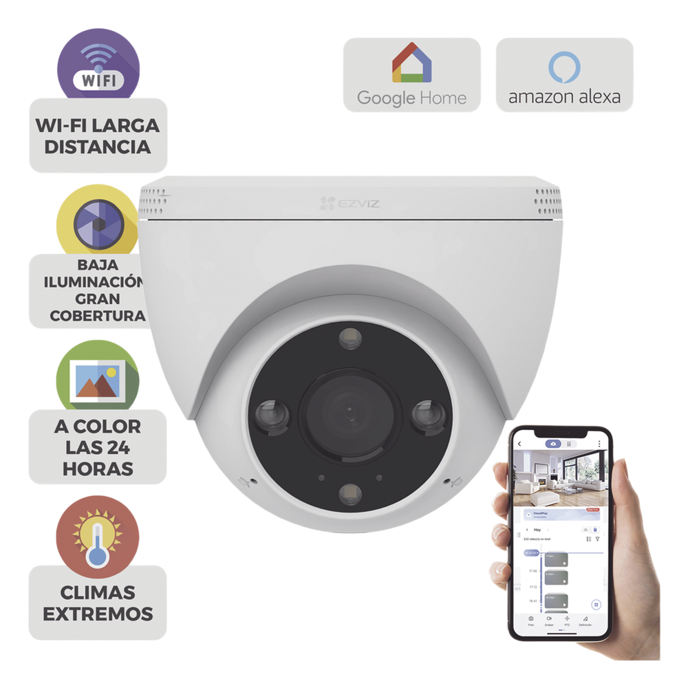 Domo IP 3 Megapíxel (2K) / Wi-Fi / Sirena y Estrobo /Audio de Dos Vías / Detección Humana y Vehiculo / Notificación Push / Audios Personalizables
