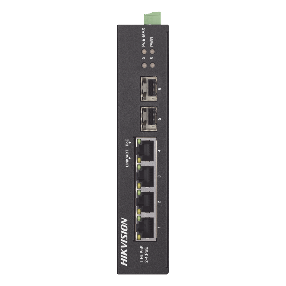 Switch Industrial No Administrable Gigabit / 3 Puertos Gigabit PoE+ (30 W) + 1 Puerto Gigabit PoE++ (60 W) / 2 Puertos SFP / 65 W Total / 48 a 57 VCD