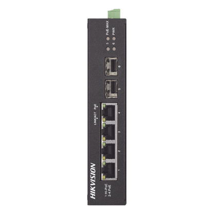 Switch Industrial No Administrable Gigabit / 3 Puertos Gigabit PoE+ (30 W) + 1 Puerto Gigabit PoE++ (60 W) / 2 Puertos SFP / 65 W Total / 48 a 57 VCD