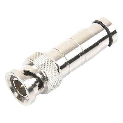 Conector BNC Macho en 75 Ohm, de Compresión Axial para Cable Coaxial RG-59/U, Níquel/ Oro/ Politetrafluoroetileno.