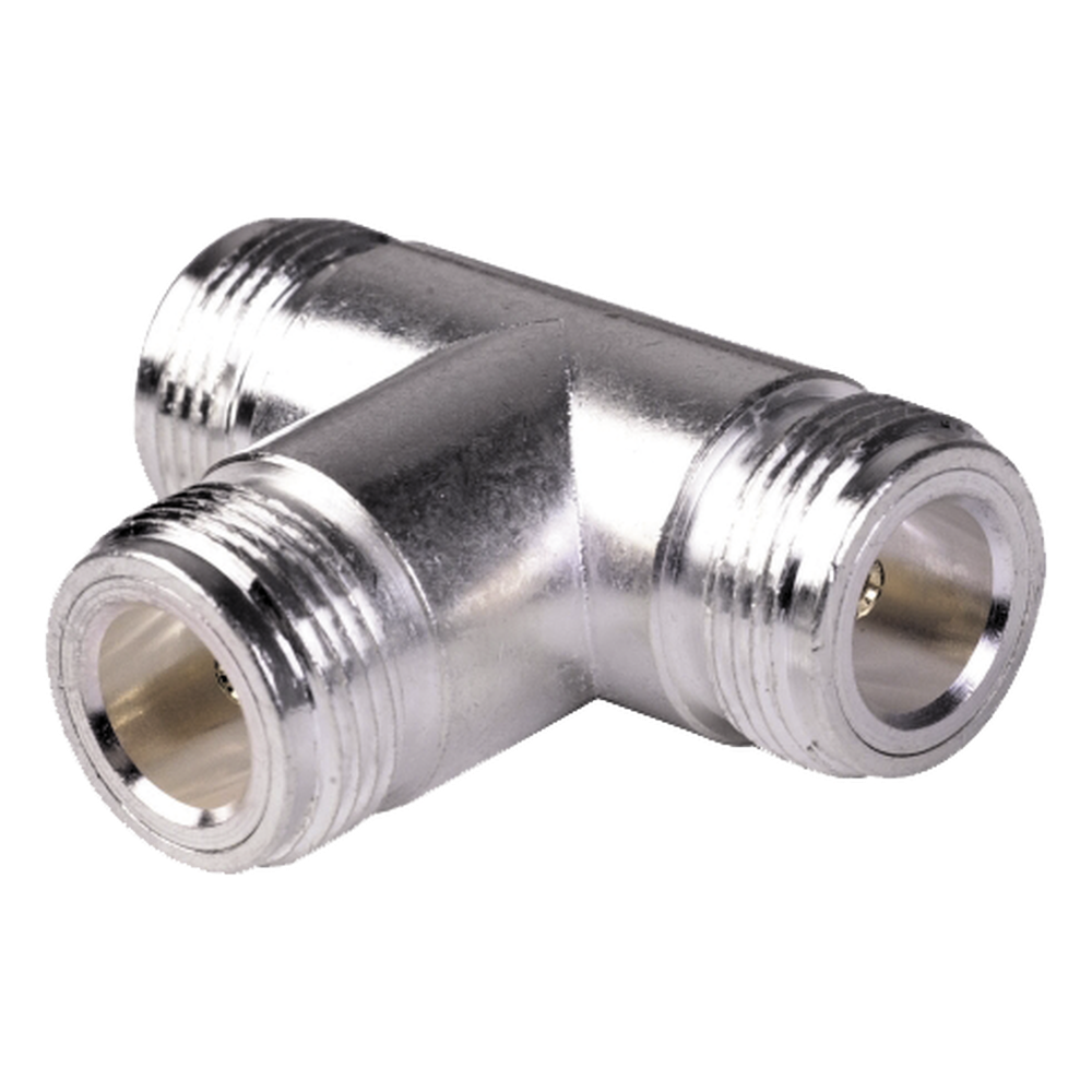 Adaptador en T, Triple Conectores N Hembra, Plata/ Oro/ Teflón