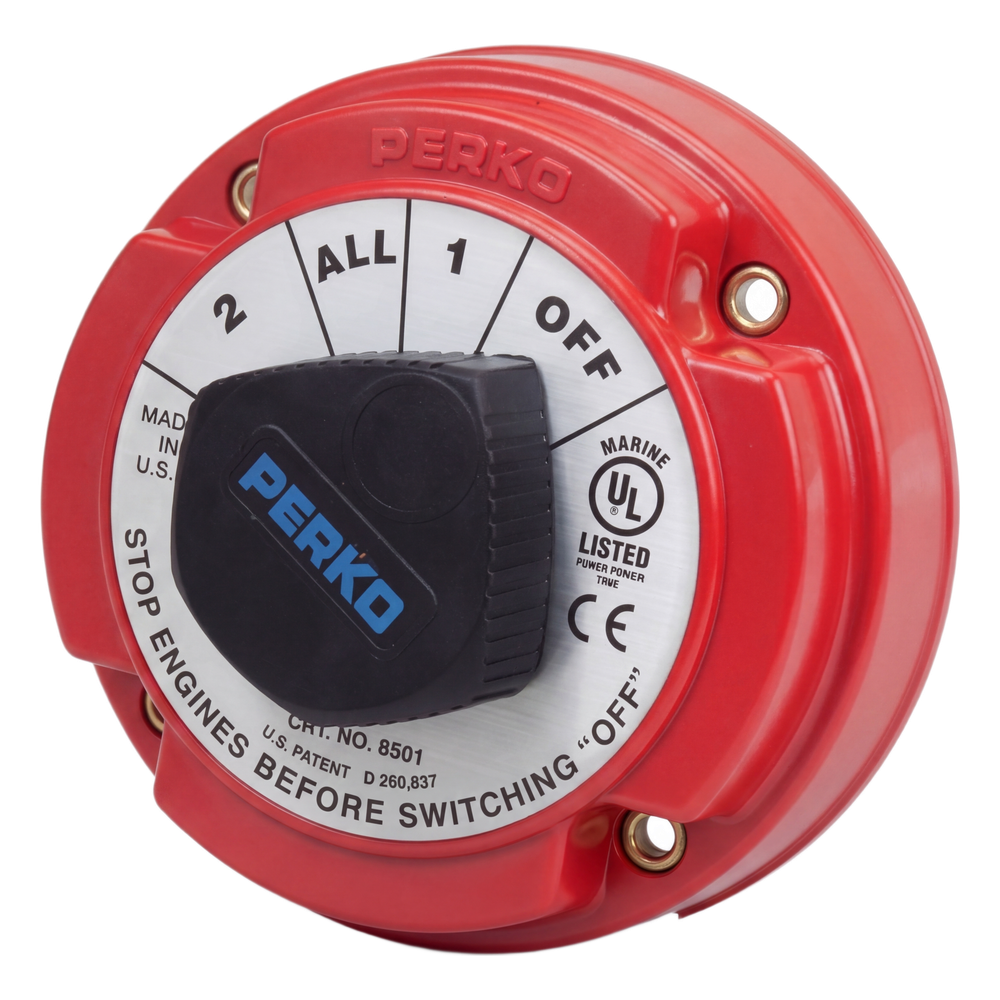 Switch Selector de Batería Marina PERKO 8501 / 250A Continuos 360A Intermitentes / 6-32 VCC / Encendido Protegido / Selector 1-2-Both-Off