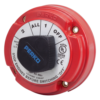 Switch Selector de Batería Marina PERKO 8501 / 250A Continuos 360A Intermitentes / 6-32 VCC / Encendido Protegido / Selector 1-2-Both-Off