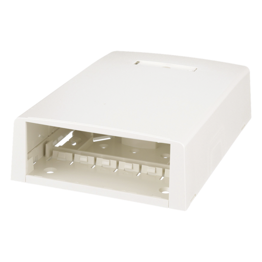 Caja de Montaje en Superficie, con Accesorio para Resguardo de Fibra Óptica, para 12 Módulos Mini-Com, Color Blanco Mate