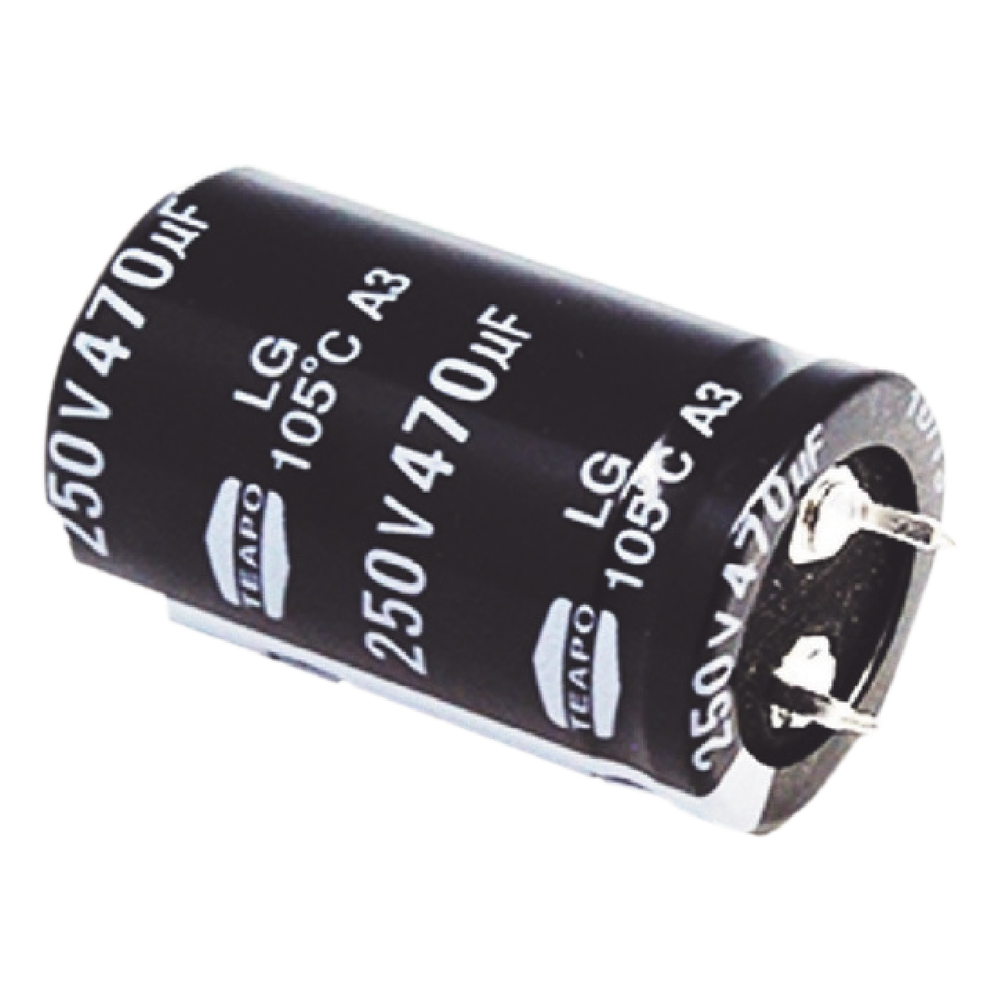 Capacitor Electrolítico de Aluminio, Radial de 470 µFd, 250 Vcc, 105 °C, 25 x 40 mm