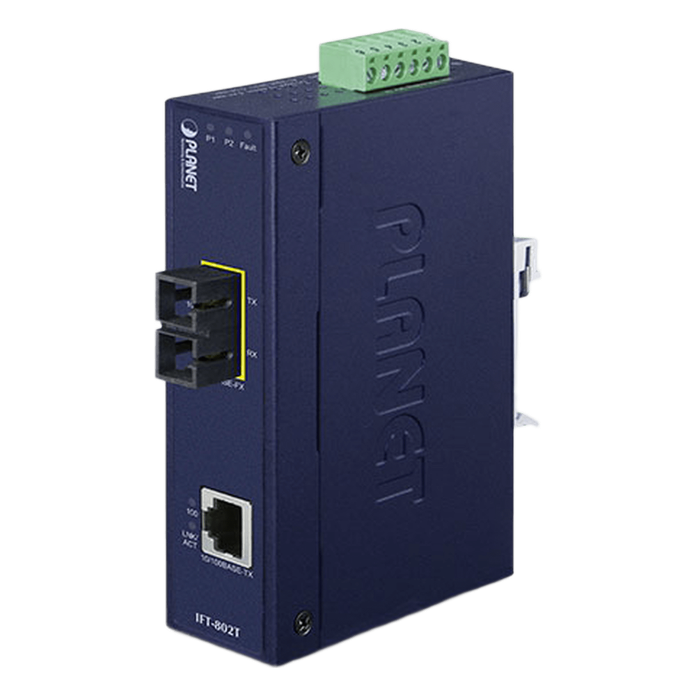 Convertidor de Medios Industrial, Multimodo, Puertos 10/100 Base-TX a 100 Base-FX, Interfaz SC, Hasta 2 km, Carcasa IP30, Soporta Temperatura de -40