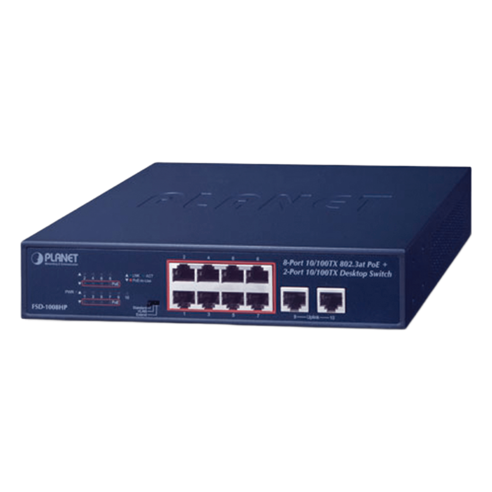 Switch de Escritorio de 8 Puertos 10/100TX 802.3at PoE+ / 2 Puertos 10/100TX / 120W PoE Budget / Modos Standard, VLAN y Extendido / Distancia