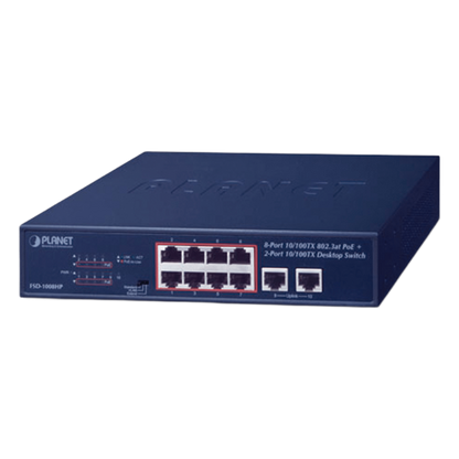 Switch de Escritorio de 8 Puertos 10/100TX 802.3at PoE+ / 2 Puertos 10/100TX / 120W PoE Budget / Modos Standard, VLAN y Extendido / Distancia