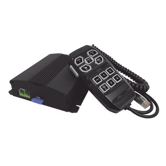 Sirena Vehicular de 100W de Potencia, Incluye Controlador Unimando Para Control de Tonos, 4 Salidas Auxiliares y Microfono