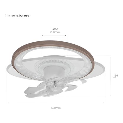 Ventilador de Techo con Luminario LED de 110 V CA 50/60 Hz / 88 W / 3 Tonos de Luz (6500 - 4 000 - 2 700 K) / Con giro 360° / Diámetro 550 mm / 6