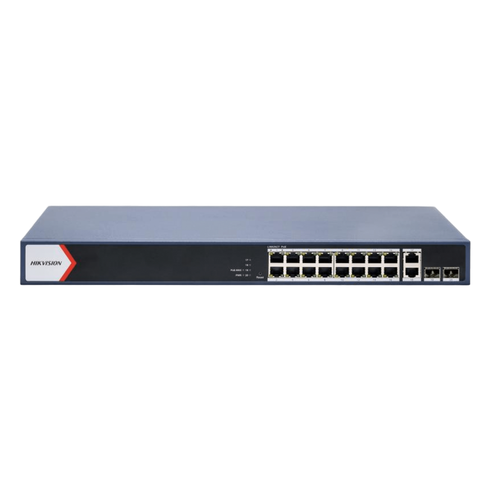 Switch PoE+ / Administrable / 16 puertos 1000 Mbps PoE+ / 2 Puertos 1000 Mbps Uplink / 2 Puertos SFP de Uplink / Configuración Nube Hik-Partner Pro