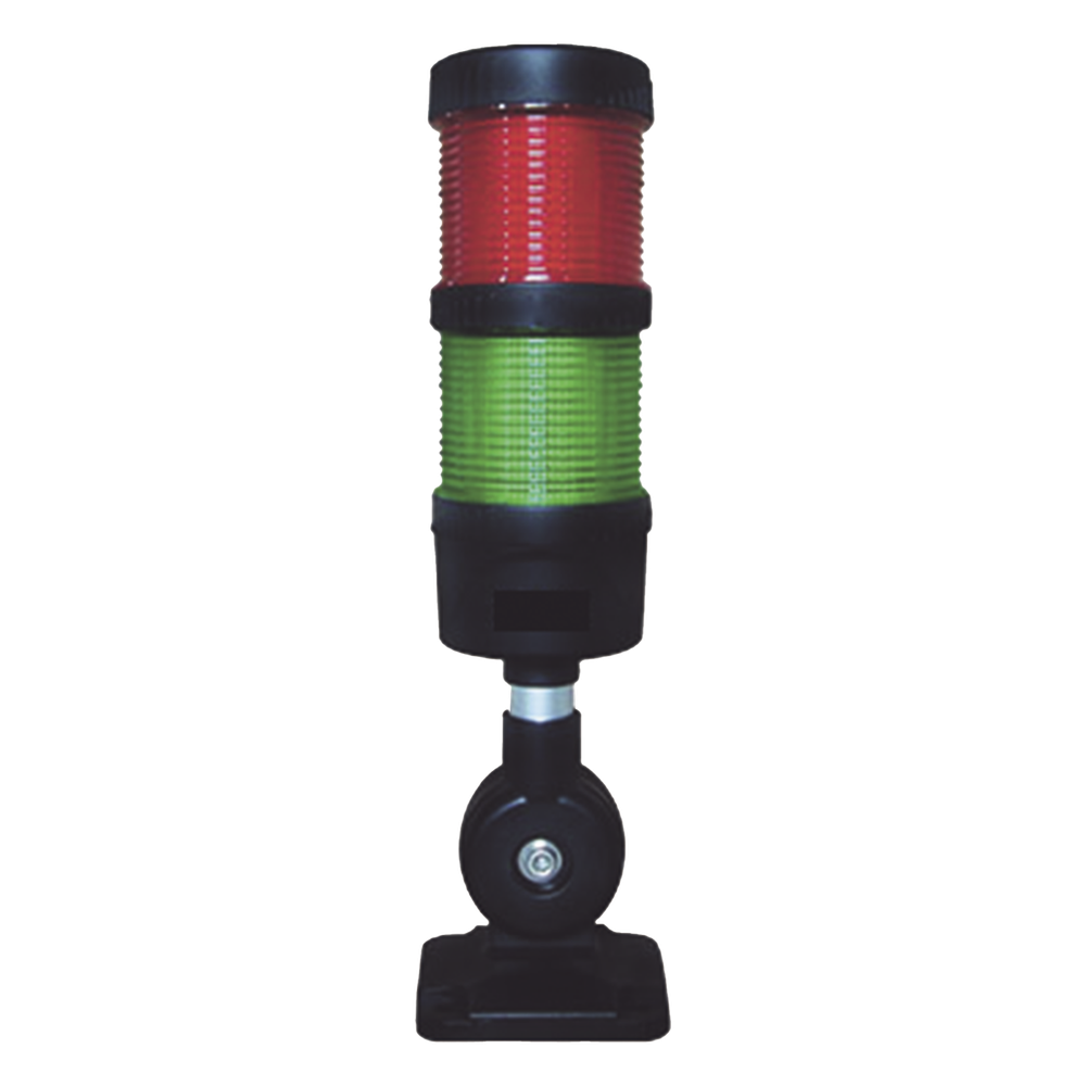 Torre LED Indicadora de estado de 2 niveles color Rojo y Verde, con Buzzer integrado a 85 dB, a 110-240 VCA con Montaje incluido de 60 mm de diámetro