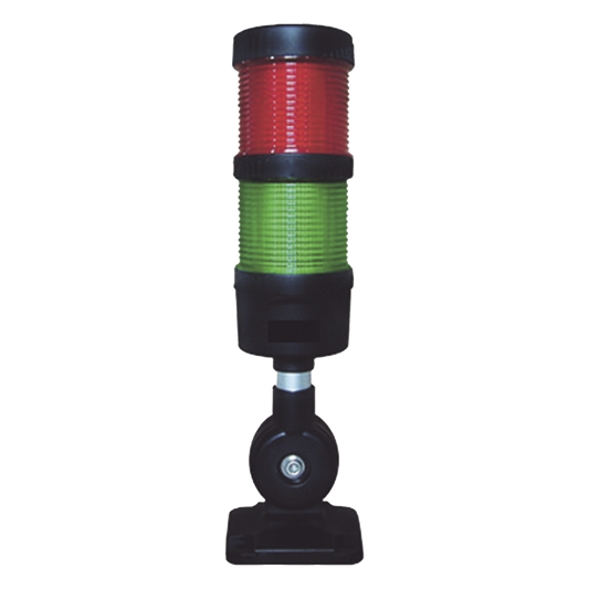 Torre LED Indicadora de estado de 2 niveles color Rojo y Verde, con Buzzer integrado a 85 dB, a 110-240 VCA con Montaje incluido de 60 mm de diámetro