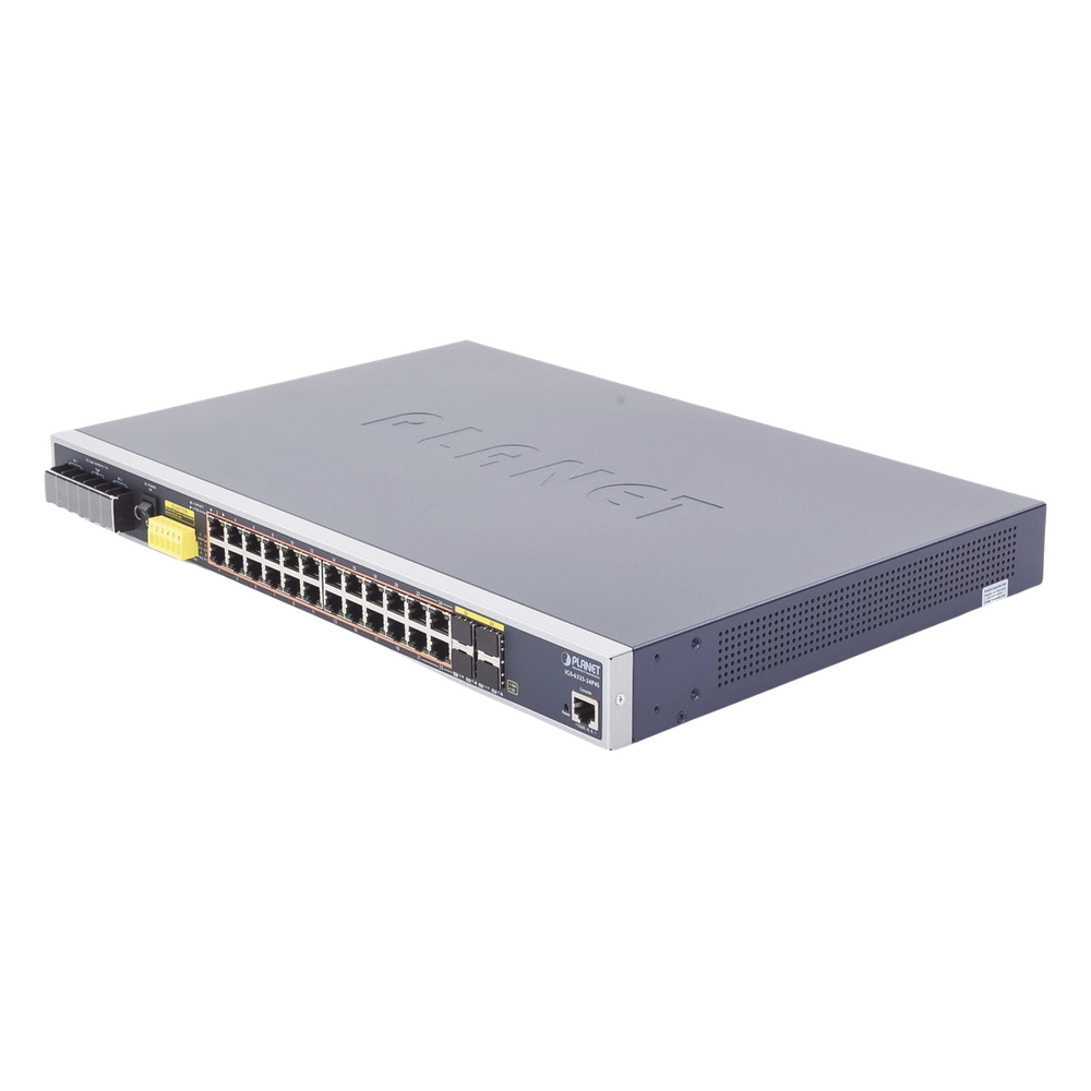 Switch PoE Industrial Capa 3, Con 24 Puertos PoE Gigabit 802.3af/at, 4 Puertos SFP Compartidos 100 / 1000X, Soporta temperaturas extremas de -40 ~