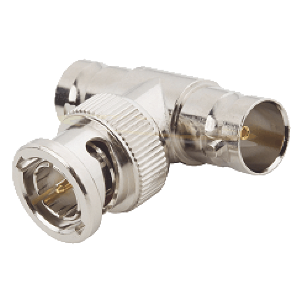 Adaptador en T para 50 Ohm de BNC Macho a Doble BNC Hembra, Maquinado, Níquel/ Oro/ Teflón