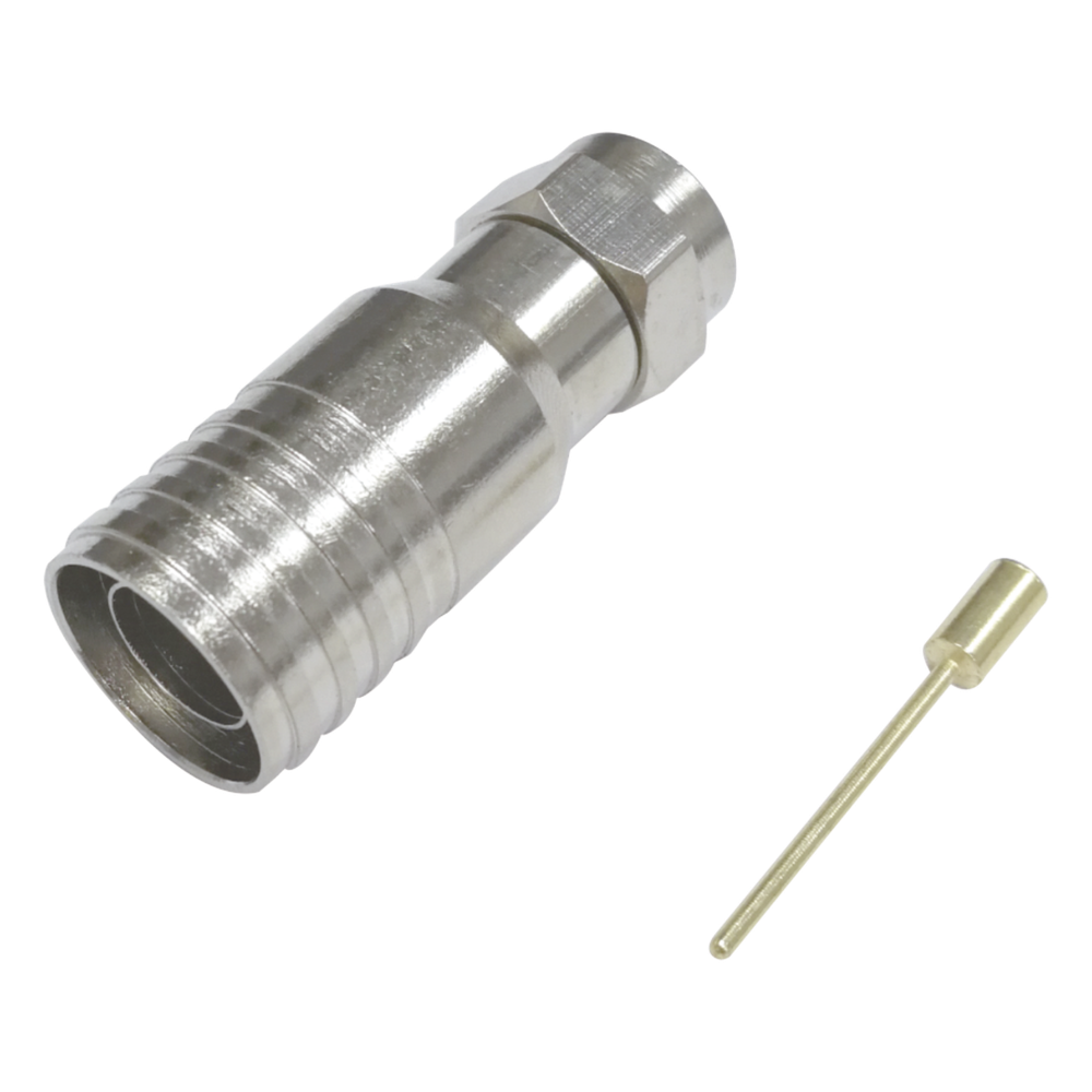 Conector F Macho en 75 Ohm, Plegable para Instalar en Cables Coaxiales RG-11, Cuerpo de Bronce-Niquelado/ Teflón