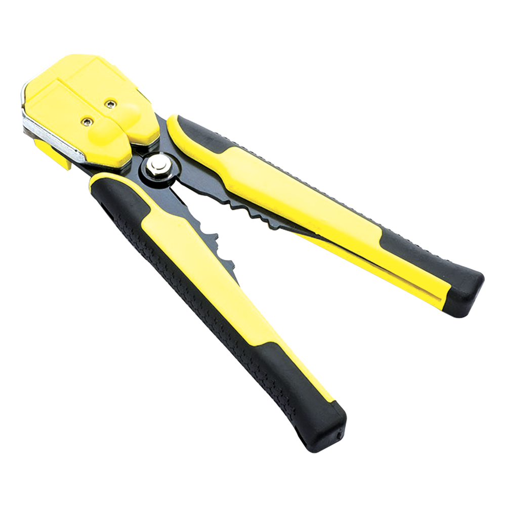 Pinza multifuncional Pelacables, con terminal de pestaña, prensado automático de color amarillo.