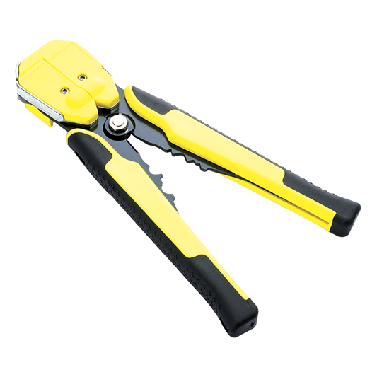 Pinza multifuncional Pelacables, con terminal de pestaña, prensado automático de color amarillo.