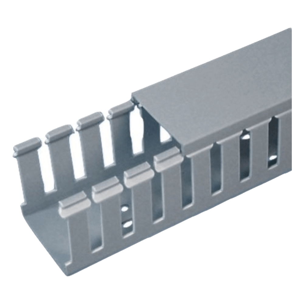 Canaleta Ranurada de PVC con Tapa, Tipo F, 57.2 mm de Ancho, 104.1 mm de Alto y 2 m de Largo, Color Gris