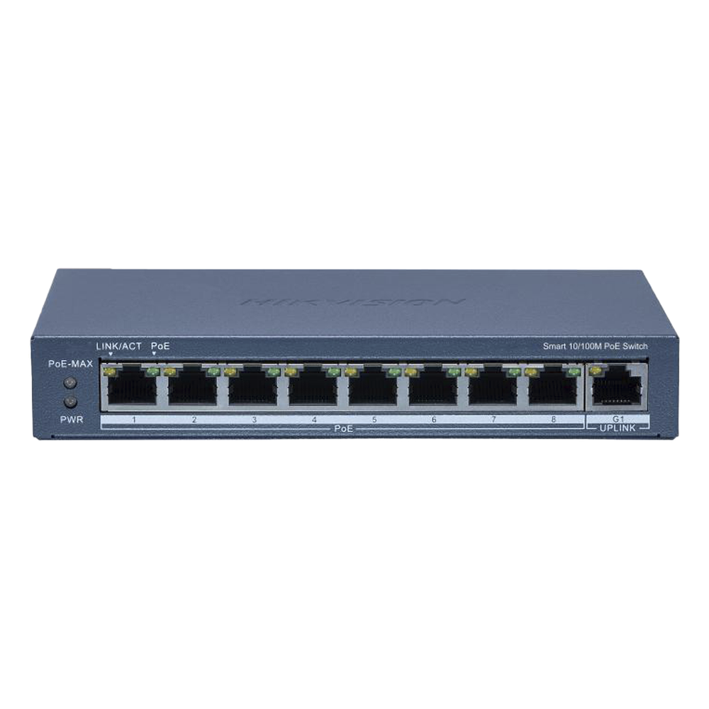 Switch PoE+ / Monitoreable / 8 Puertos 10/100 Mbps PoE+ / 1 Puerto 1000 Mbps Uplink / Configuración Nube Hik-Partner Pro / Modo Extendido hasta 300