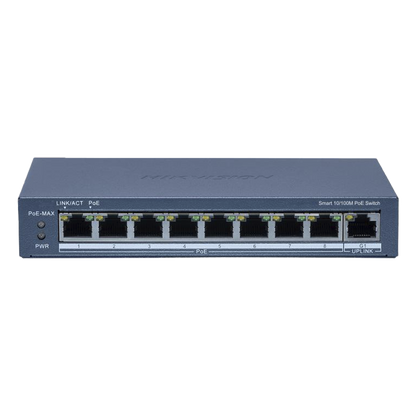 Switch PoE+ / Monitoreable / 8 Puertos 10/100 Mbps PoE+ / 1 Puerto 1000 Mbps Uplink / Configuración Nube Hik-Partner Pro / Modo Extendido hasta 300