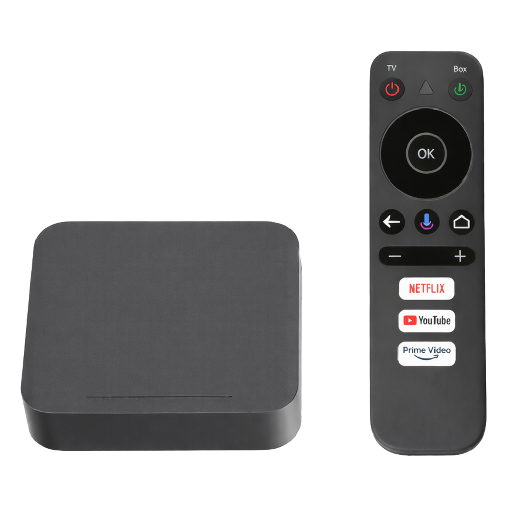 STB 4K Android con Google TV / Alto Rendimiento / Conexión Wi-Fi y por Cable / Control Remoto Bluetooth / Salida HDMI / APP Hik Connect Pre-instalada