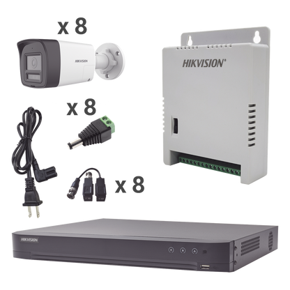 Kit Audio Bidireccional TurboHD 4K-3K / DVR 8 Canales 4K / 8 Cámaras Bala (Exterior) con Bocina y Microfóno Integrado 3K / 1 Fuentes de Poder