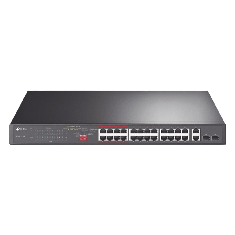 Switch No Administrable 24 Puertos PoE+ 10/100 Mbps / 2 Puertos 10/100/1000 Mbps + 2 Puertos SFP (combo) / Modo Prioridad de Tráfico / Modo